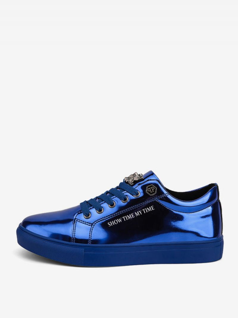 Baskets Cuir Verni À Bout Rond Pour Hommes Chaussures Décontractées Bleues - Bleu