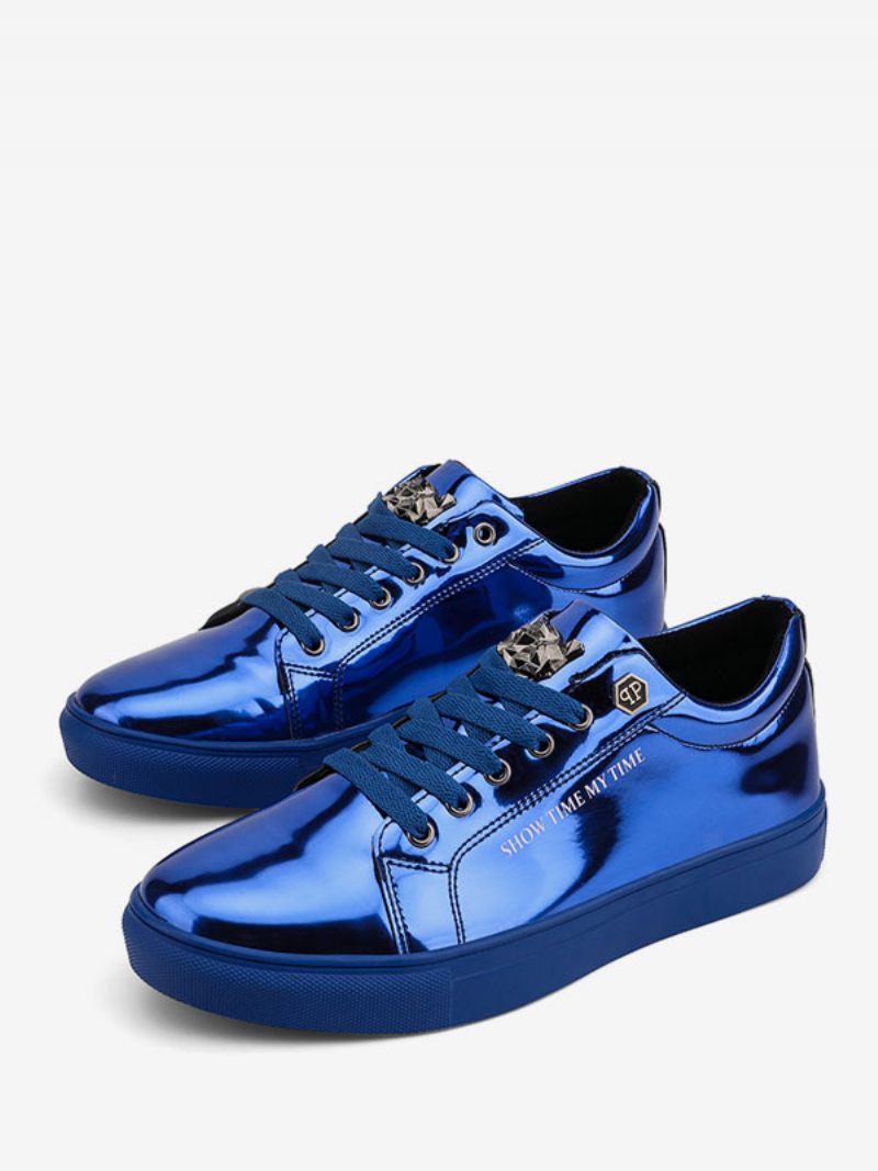 Baskets Cuir Verni À Bout Rond Pour Hommes Chaussures Décontractées Bleues - Bleu