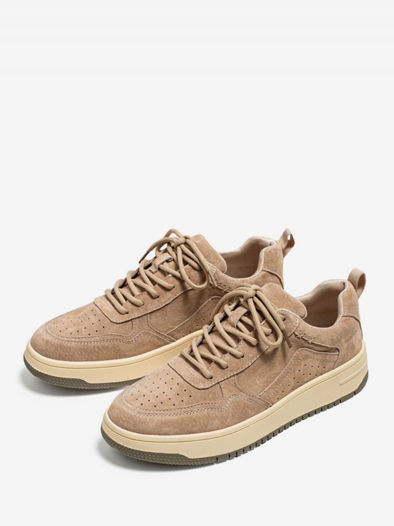 Baskets Pour Hommes Chaussures Décontractées À Bout Rond Cuir Vache Confortable - Beige