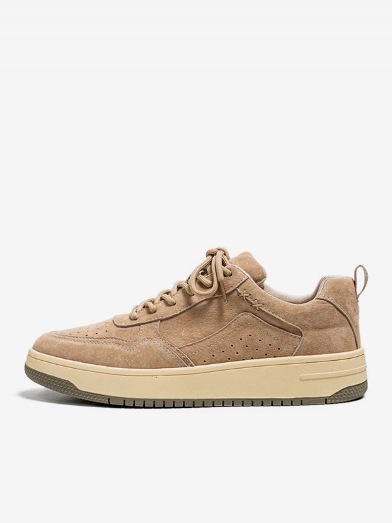 Baskets Pour Hommes Chaussures Décontractées À Bout Rond Cuir Vache Confortable - Beige