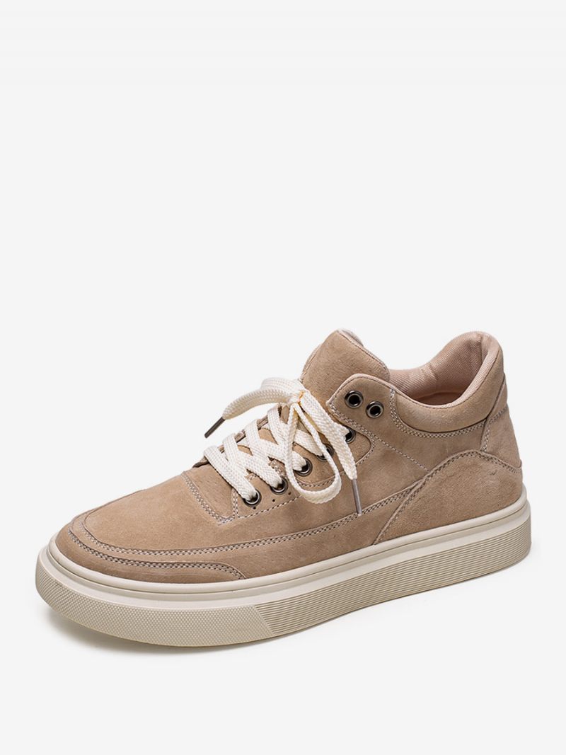 Baskets Pour Hommes Chaussures Décontractées Cuir Vache À Bout Rond Et Bloc Couleurs - Beige