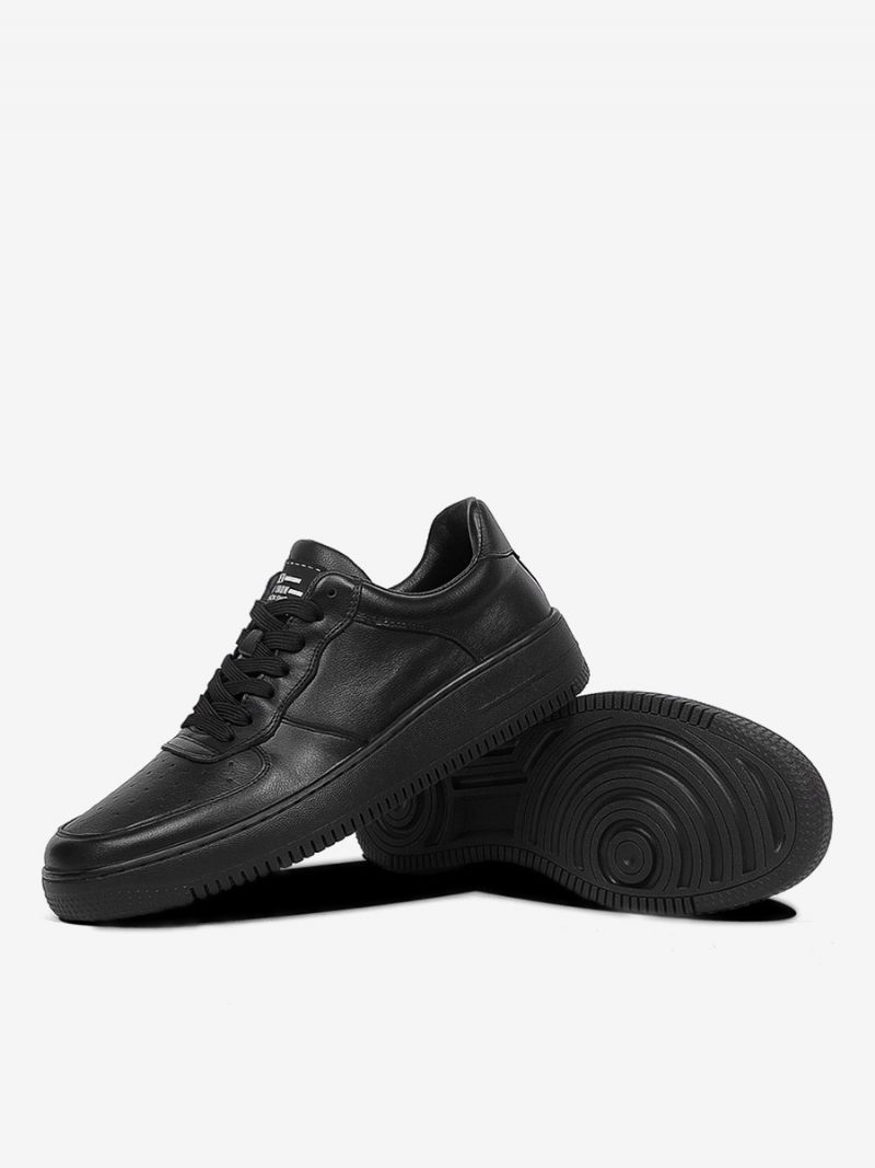 Baskets Pour Hommes Cuir Vache À Bout Rond Chaussures Skate Lacets - Noir