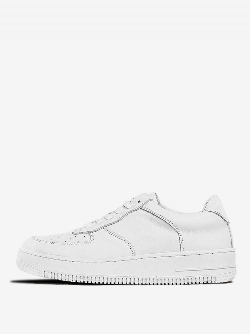 Baskets Pour Hommes Cuir Vache À Bout Rond Chaussures Skate Lacets - Blanc