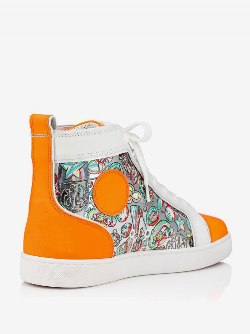 Baskets Montantes Pour Hommes Chaussures Bal Fin D'année Bout Rond Orange Illustrations Imprimées À Lacets - Orange