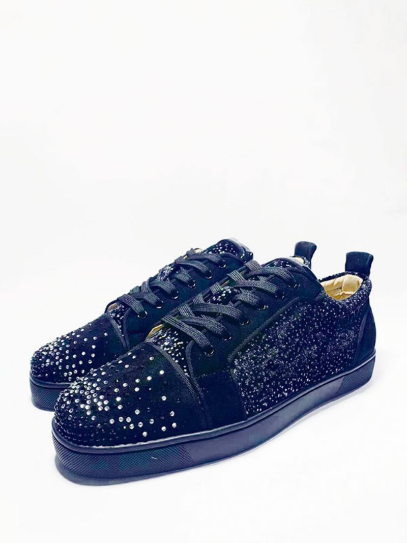 Chaussures Skate Noires À Bout Rond Et Strass Pour Hommes Baskets Lacets Bal