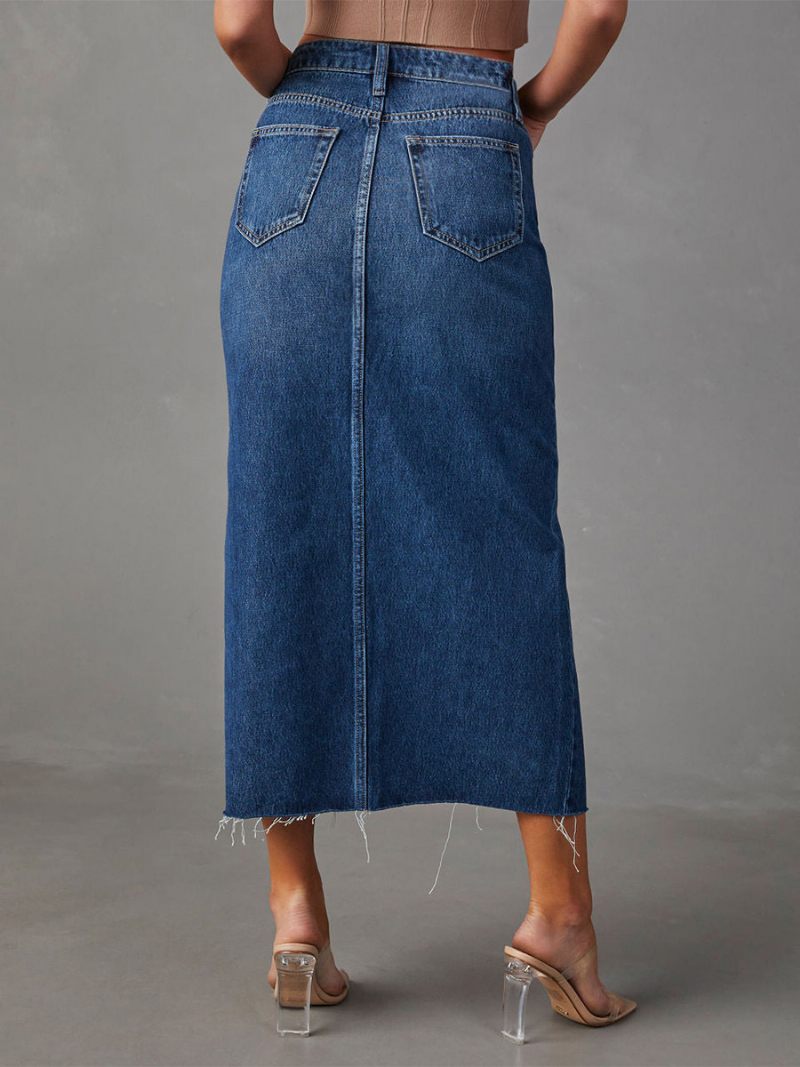 Jupe Ample Jean Pour Femmes Taille Rasée Fente Haute Fermeture Éclair Avec Jupes À Franges - Bleu