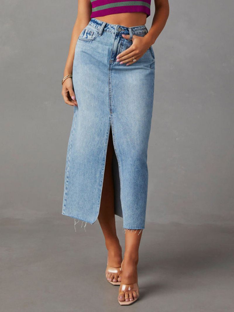 Jupe Ample Jean Pour Femmes Taille Rasée Fente Haute Fermeture Éclair Avec Jupes À Franges - Bleu Ciel Clair