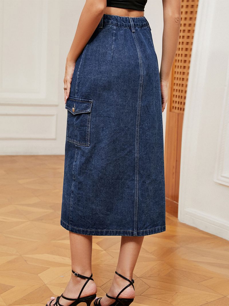 Jupe Ample Jean Taille Haute Pour Femme Braguette Boutonnée Bas Asymétrique - Bleu