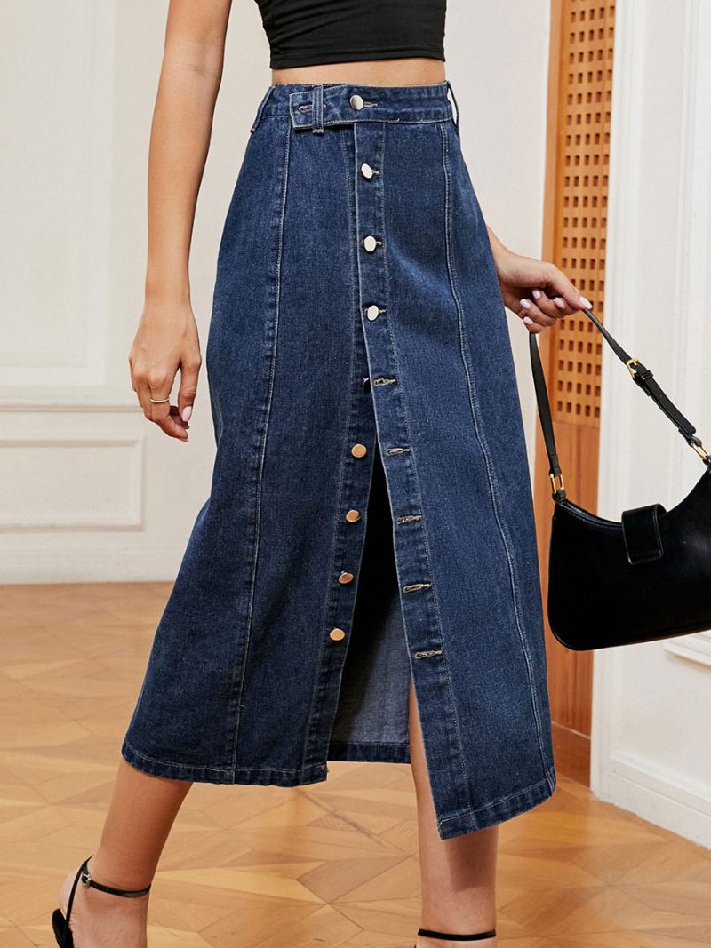 Jupe Ample Jean Taille Haute Pour Femme Braguette Boutonnée Bas Asymétrique - Bleu