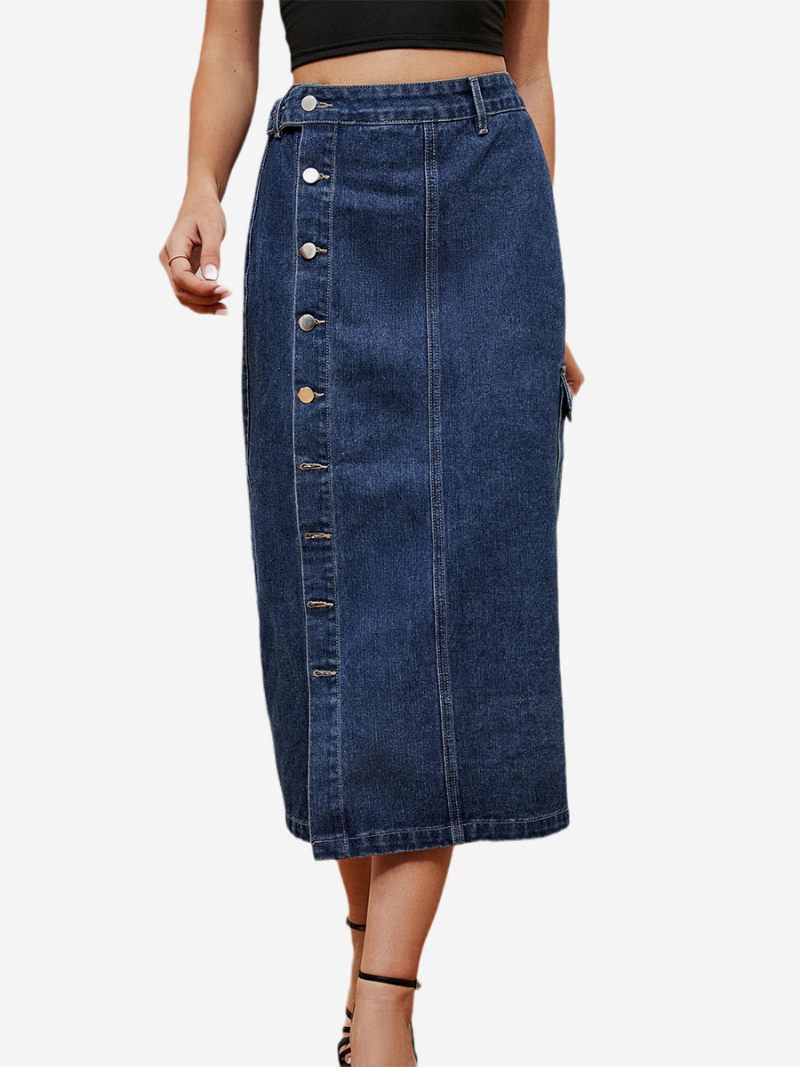 Jupe Ample Jean Taille Haute Pour Femme Braguette Boutonnée Bas Asymétrique - Bleu