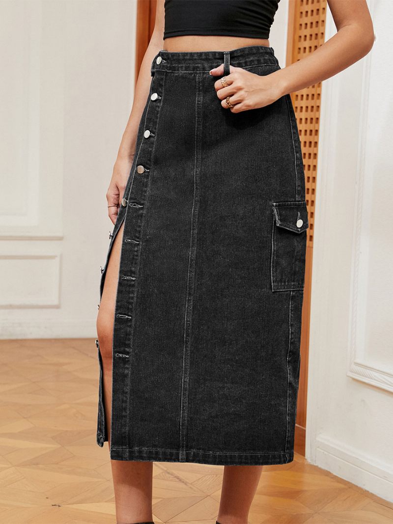 Jupe Ample Jean Taille Haute Pour Femme Braguette Boutonnée Bas Asymétrique - Noir