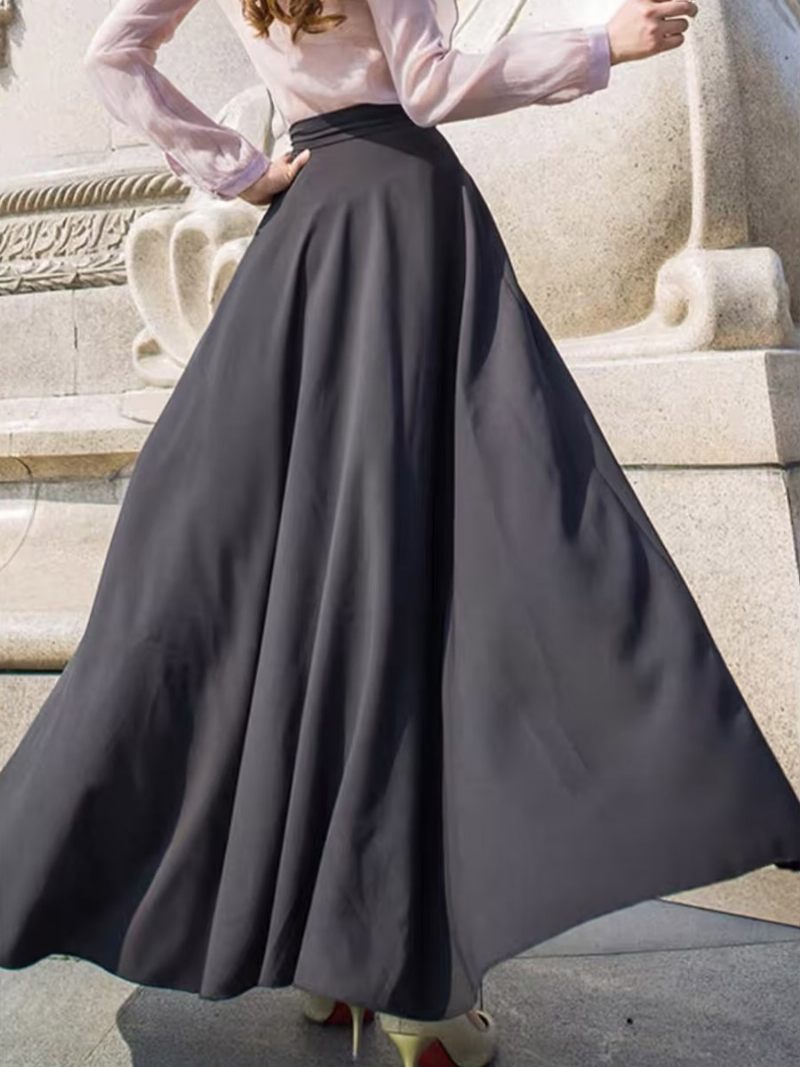 Jupe Complète Noire Pour Femmes Taille Haute Ceinturée Jupes Évasées D'automne Et Printemps - Noir