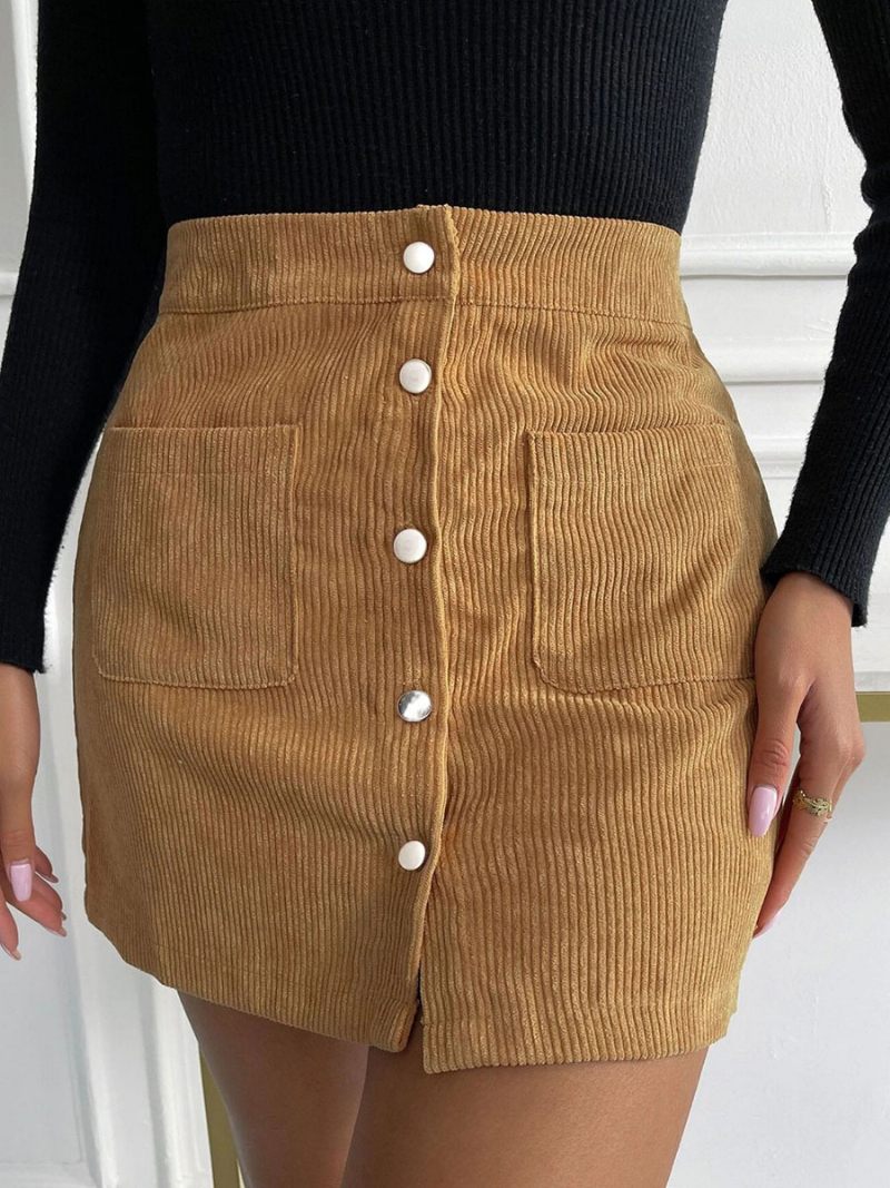 Jupe Courte Velours Côtelé Marron Café Pour Femme Bas D'automne Et D'hiver - Jaune