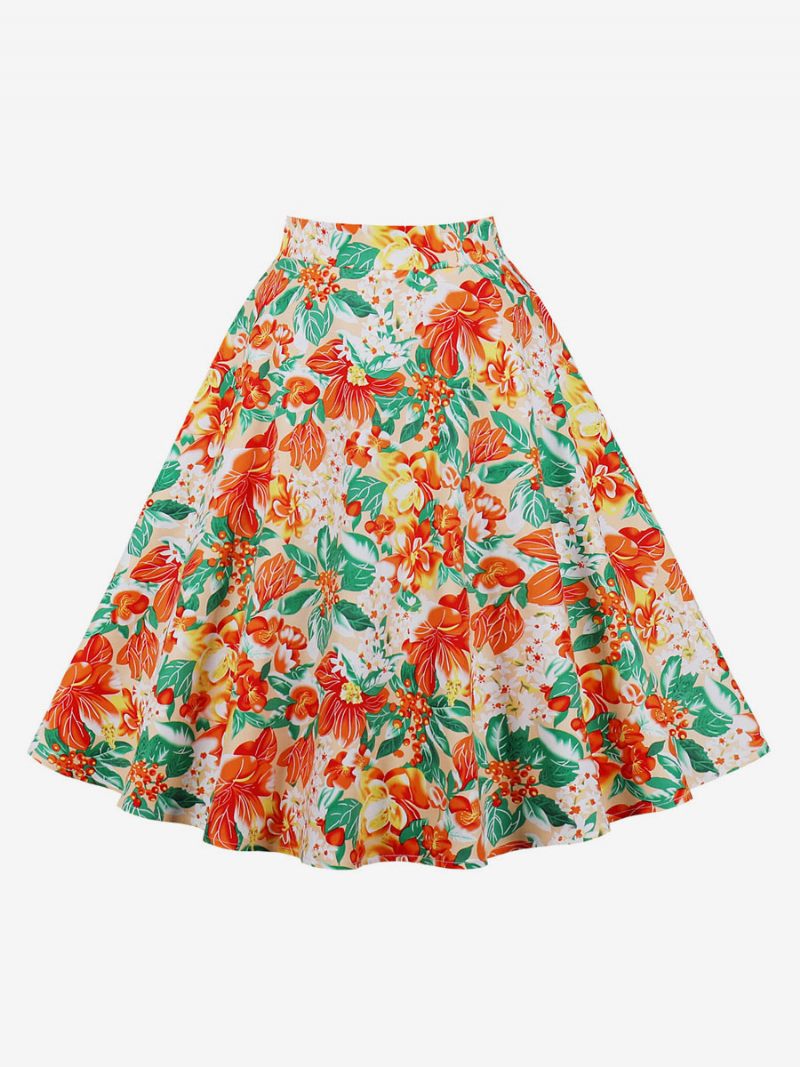 Jupe Pour Femmes Rouge Imprimé Fleuri Coton Longueur Au Genou Taille Haute Automne Et Hiver Bas - Orange