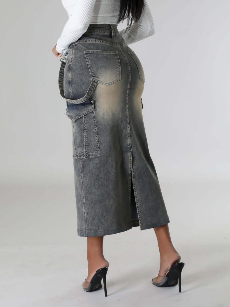 Jupes Gris Coton Taille Surélevée Chic Convertible Été Long Bas Pour Femmes - Gris