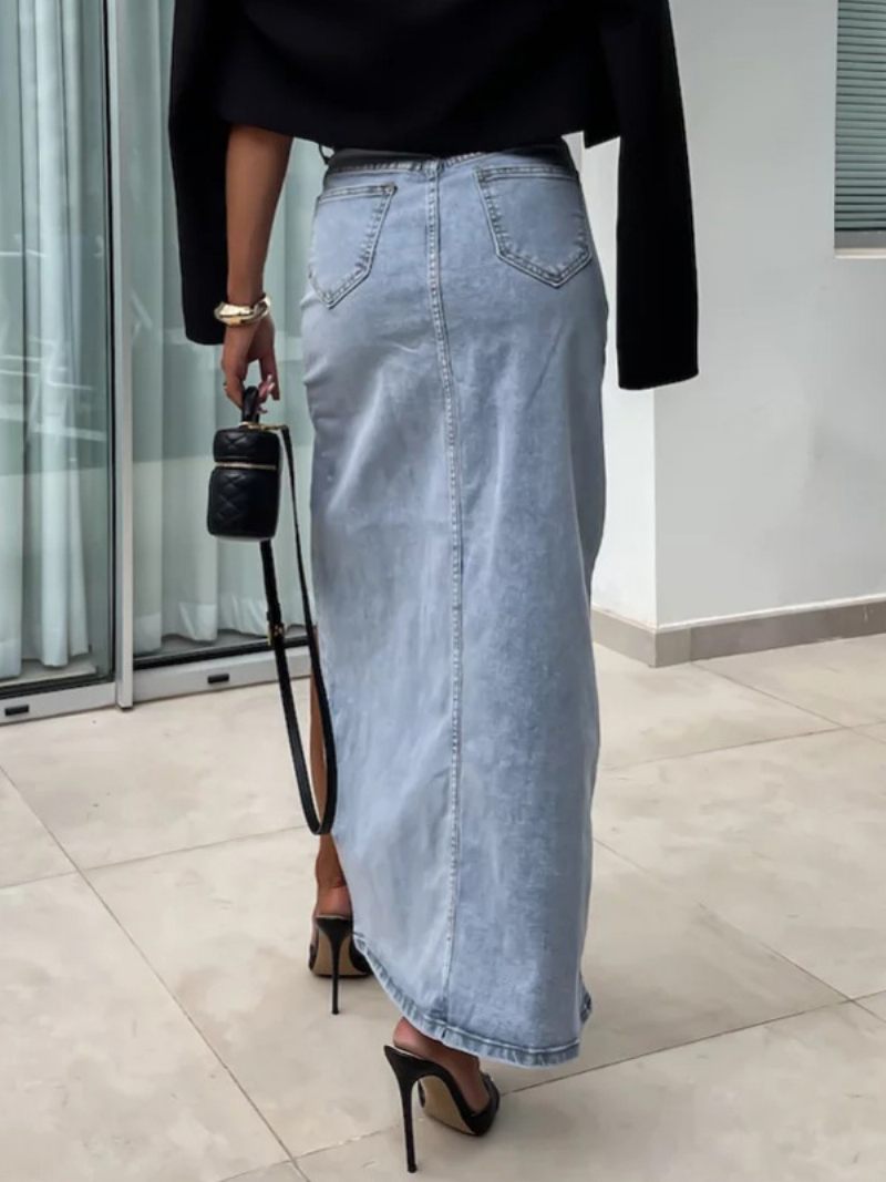 Jupes Jean Bleu Taille Haute Fendues Printemps Été Bas Décontracté Pour Femmes - Bleu Ciel Clair