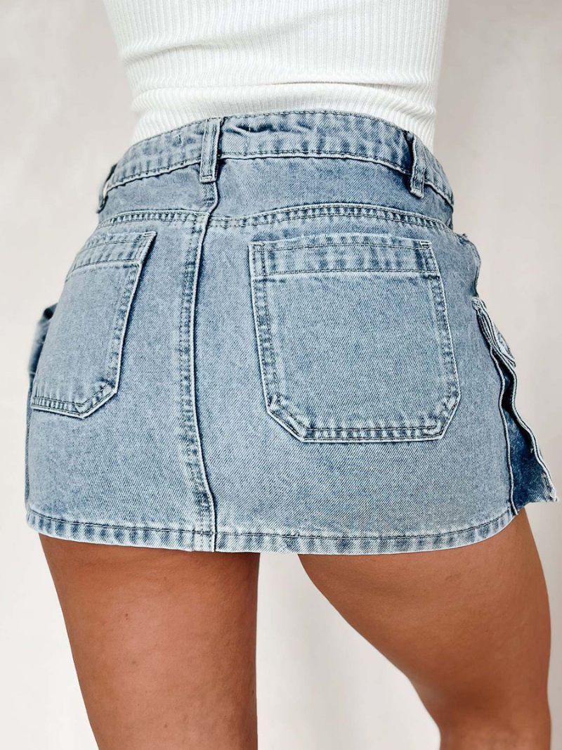 Mini Jupe Bleue Pour Femmes Détails Métalliques Poches Jupes Décontractées Printemps Et Été - Bleu