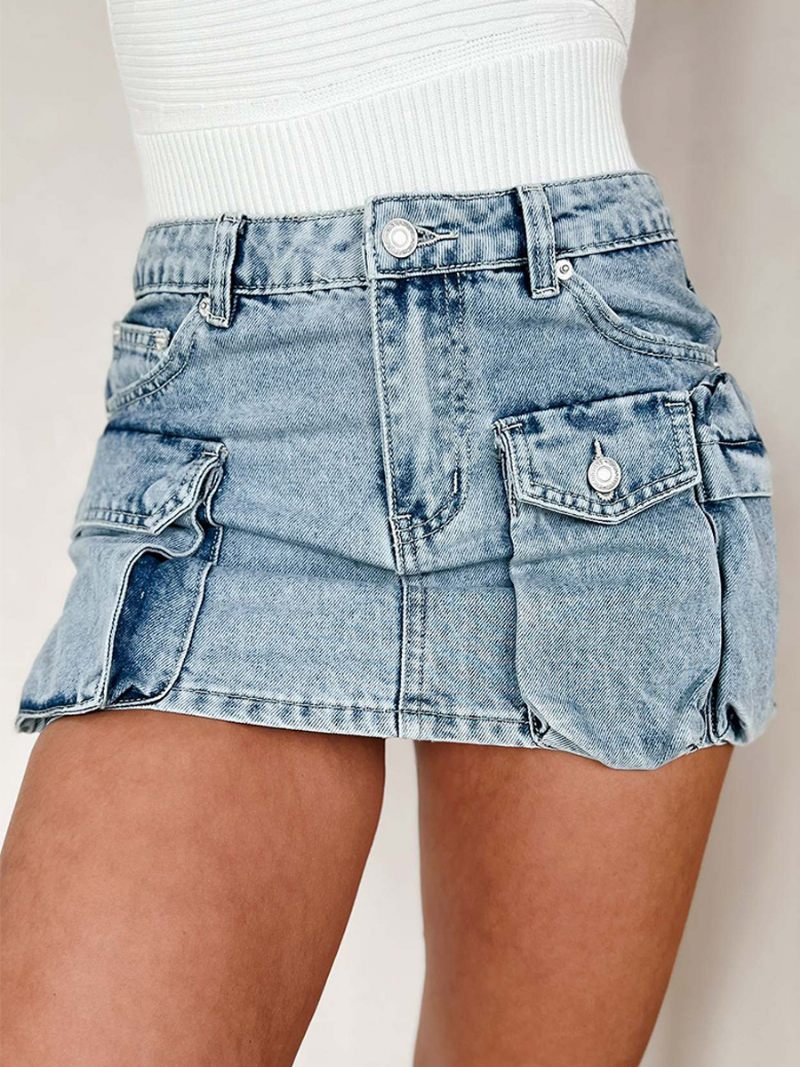 Mini Jupe Bleue Pour Femmes Détails Métalliques Poches Jupes Décontractées Printemps Et Été - Bleu