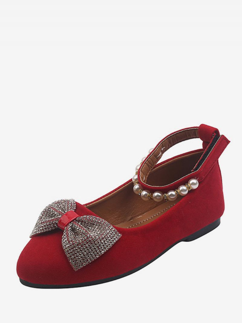 Chaussures Fille Fleur Café Brun Daim Cuir Strass Fête Pour Les Enfants - Rouge