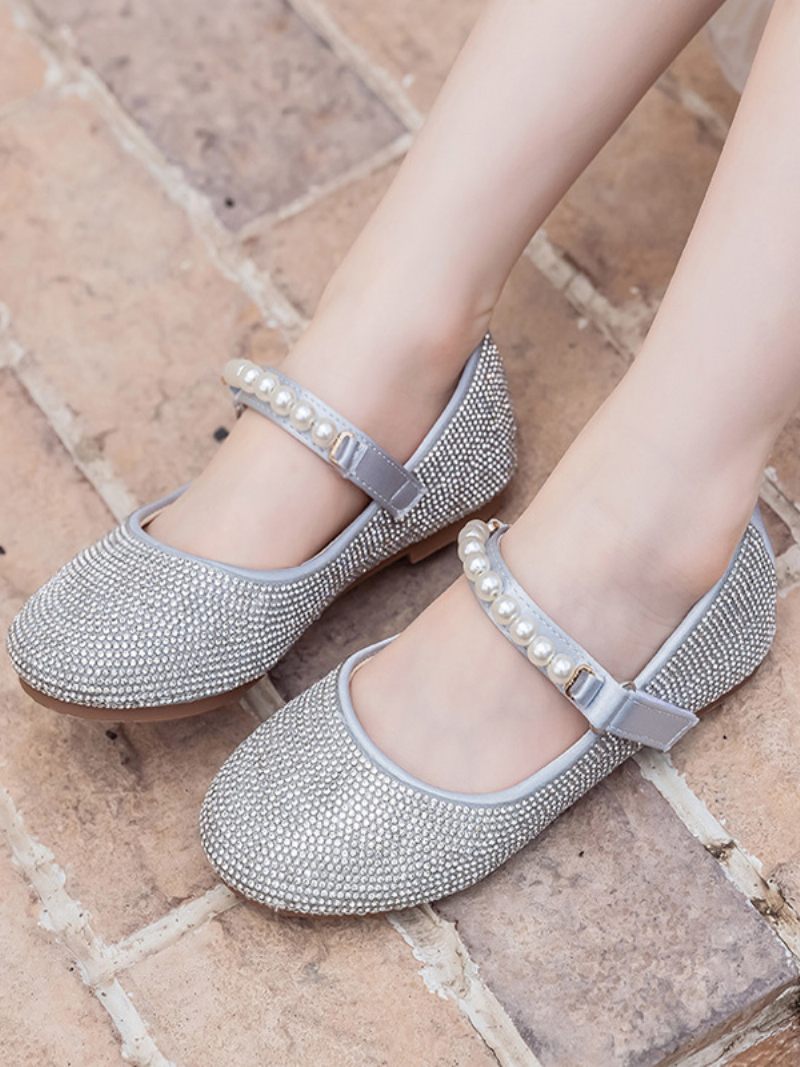 Chaussures Fille Fleur Fête Cuir Pu Argenté Avec Perles Pour Enfants