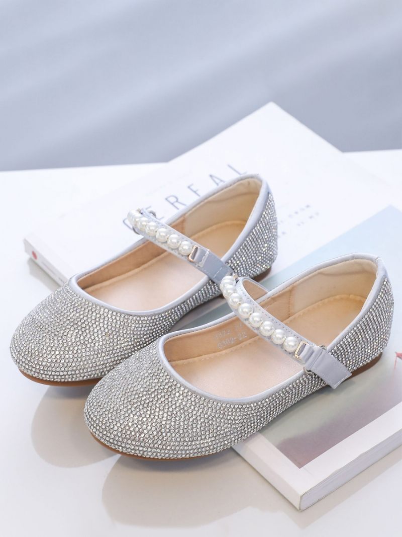 Chaussures Fille Fleur Fête Cuir Pu Argenté Avec Perles Pour Enfants - Argent