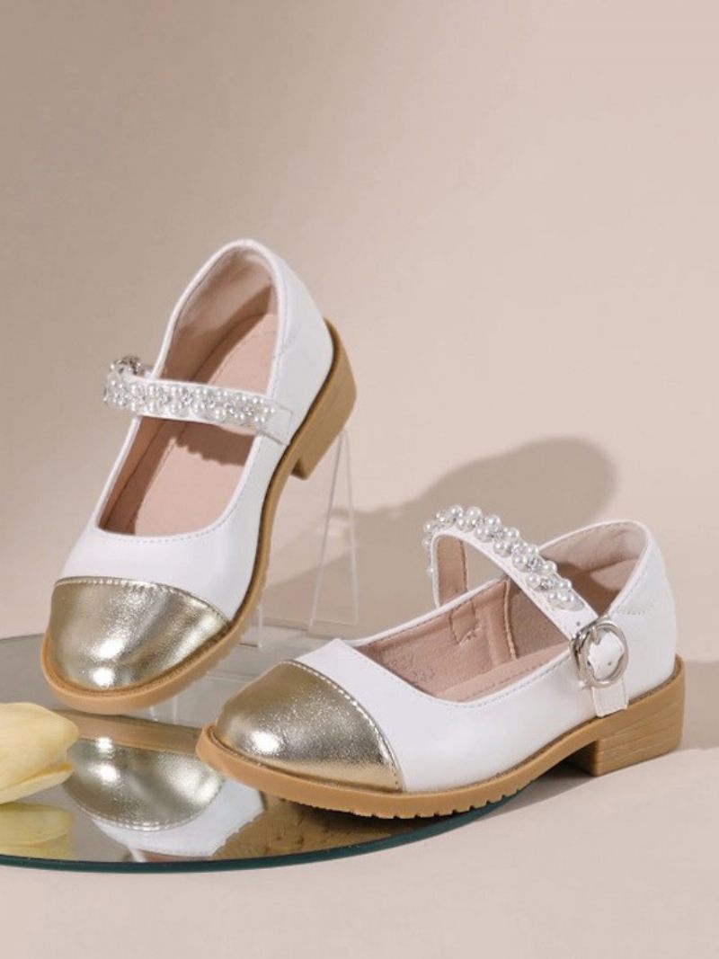 Chaussures Fille Fleur Fête Cuir Pu Doré Avec Perles Pour Enfants