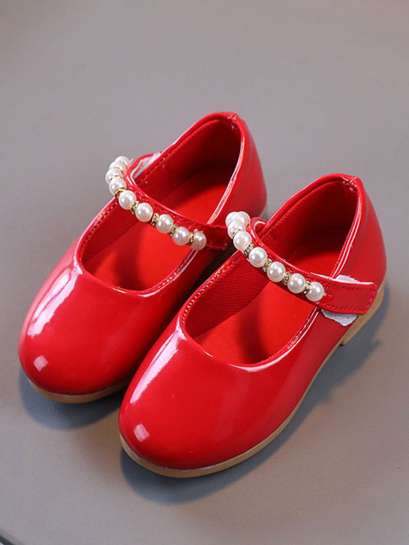 Chaussures Fille Fleur Fête Cuir Pu Rose Avec Perles Pour Enfants - Rouge