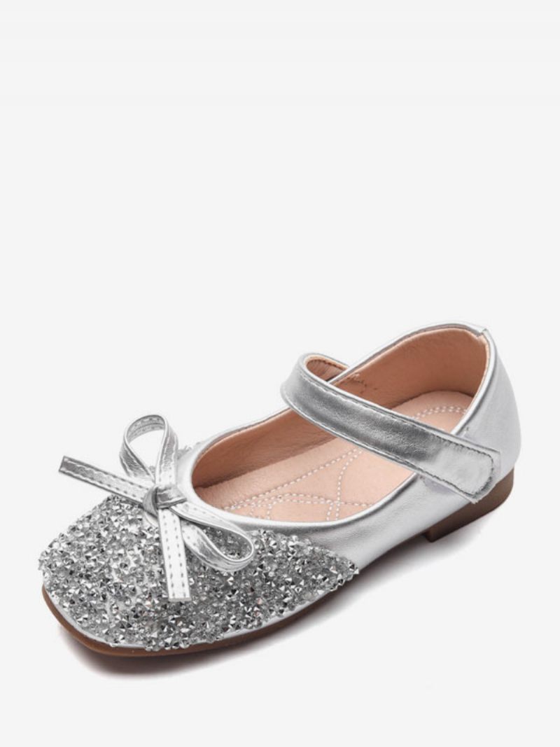 Chaussures Fille Fleur Fête Cuir Suédé Doré À Paillettes Pour Enfants - Argent