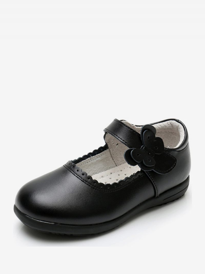 Chaussures Fille Fleur Fête Peau Vache Noire Avec Nœuds Pour Enfants