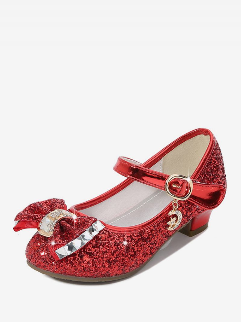 Chaussures Fille Fleur Fête Tissu Pailleté Rouge Strass Pour Enfants