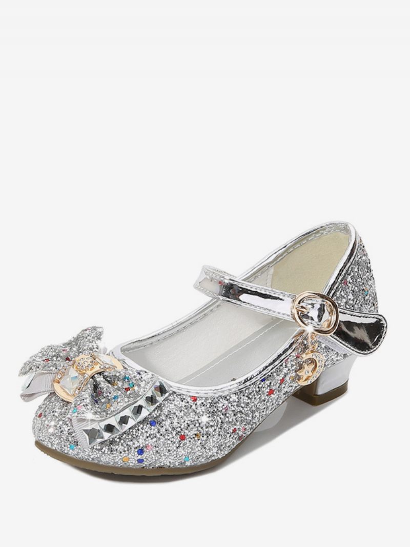 Chaussures Fille Fleur Fête Tissu Pailleté Rouge Strass Pour Enfants - Argent