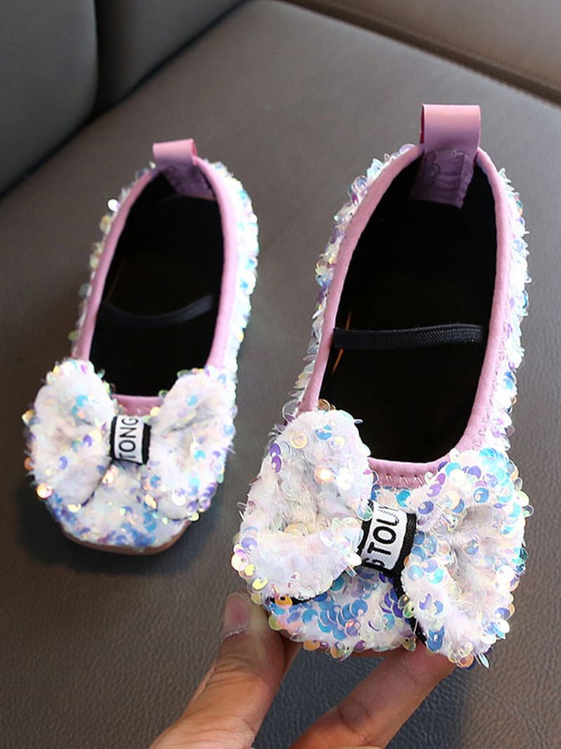 Chaussures Fille Fleur Fête Tissu À Paillettes Argentées Pour Enfants - Blanc