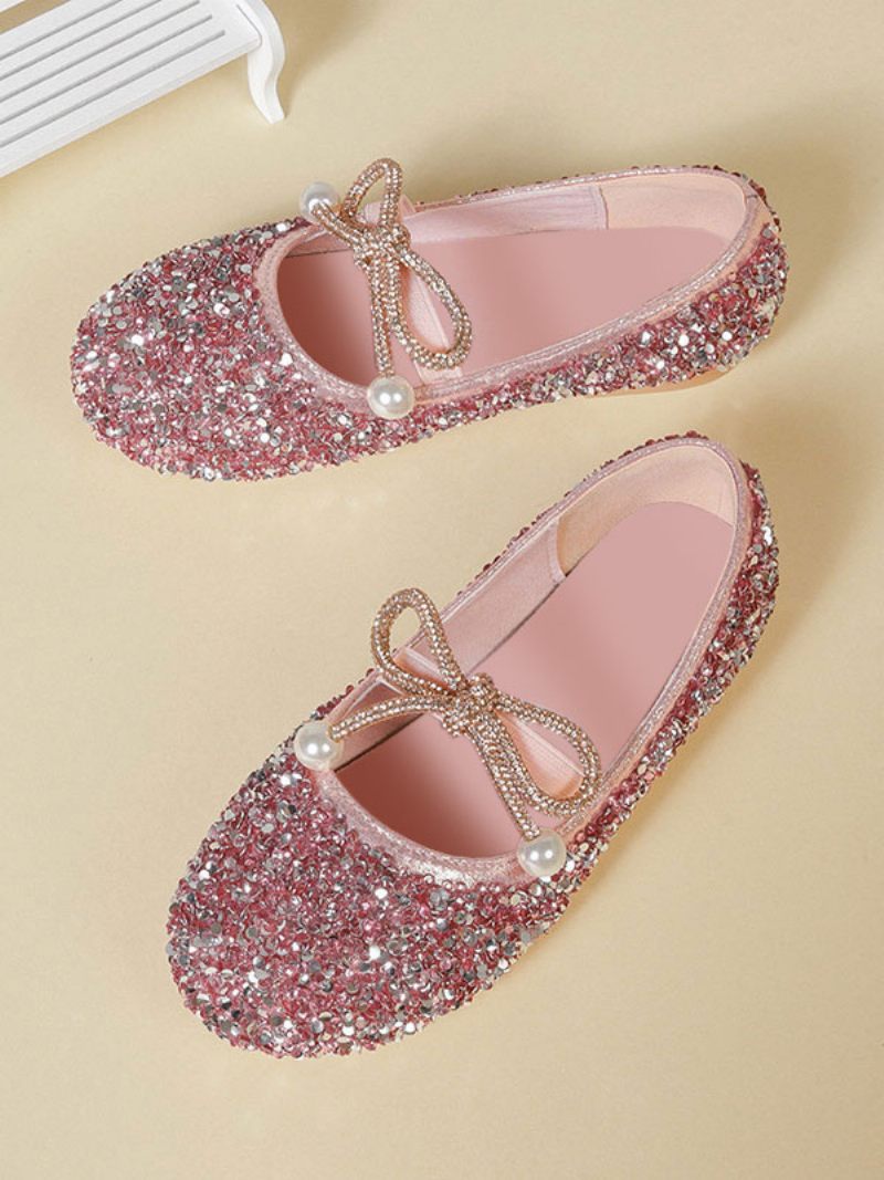 Chaussures Fille Fleur Fête Tissu À Paillettes Argentées Pour Enfants - Rose