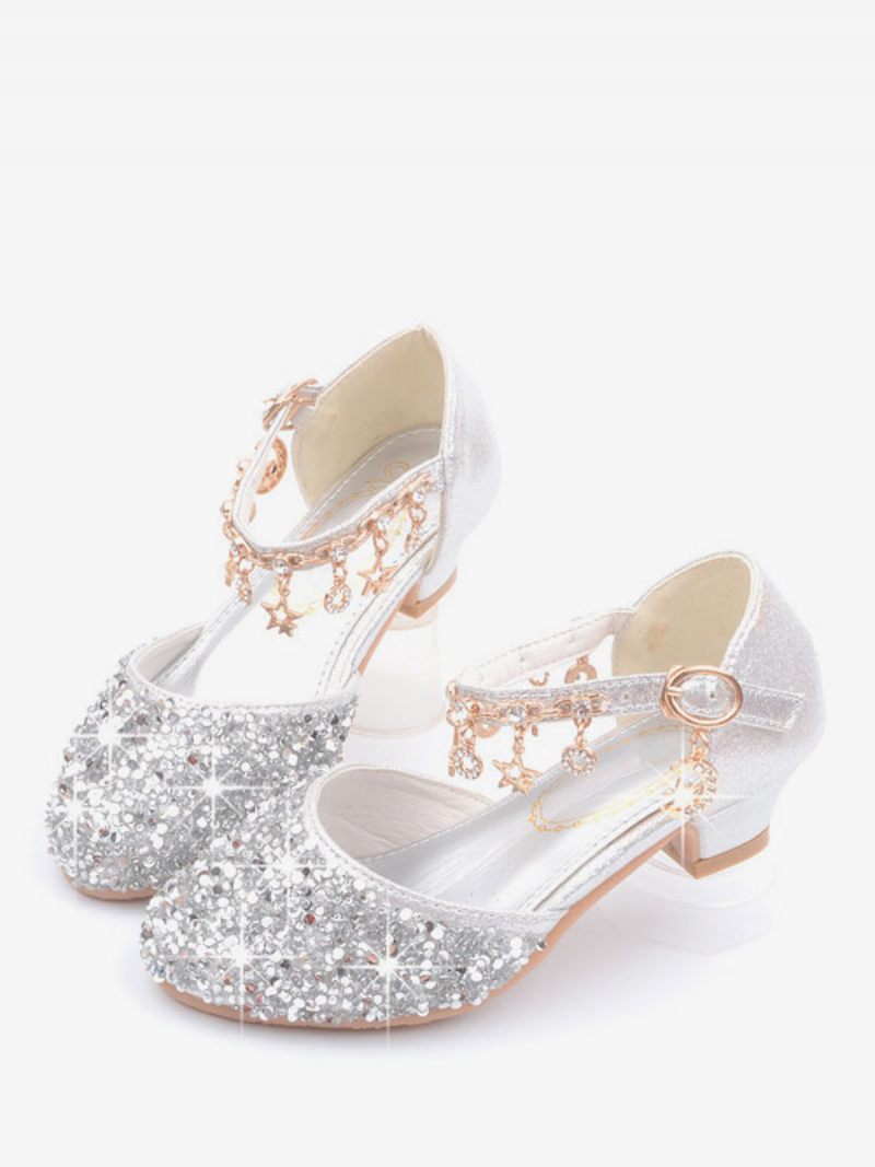 Chaussures Fille Fleur Fête Tissu À Paillettes Argentées Et Strass Pour Enfants