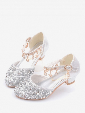 Chaussures Fille Fleur Fête Tissu À Paillettes Argentées Et Strass Pour Enfants