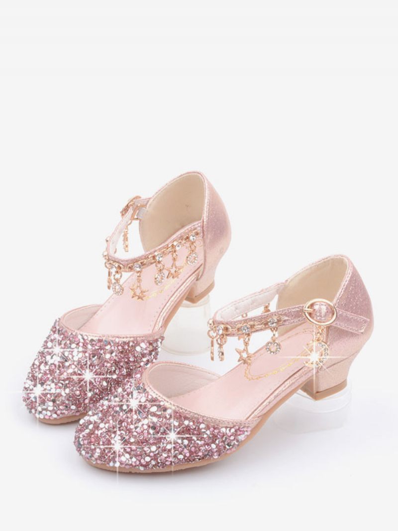 Chaussures Fille Fleur Fête Tissu À Paillettes Argentées Et Strass Pour Enfants - Rose