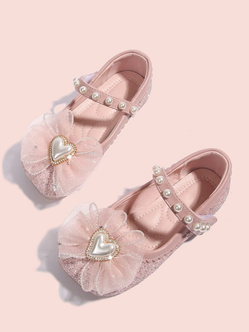 Chaussures Fille Fleur Fête Tissu À Paillettes Bleu Ciel Clair Avec Perles Pour Enfants - Rose