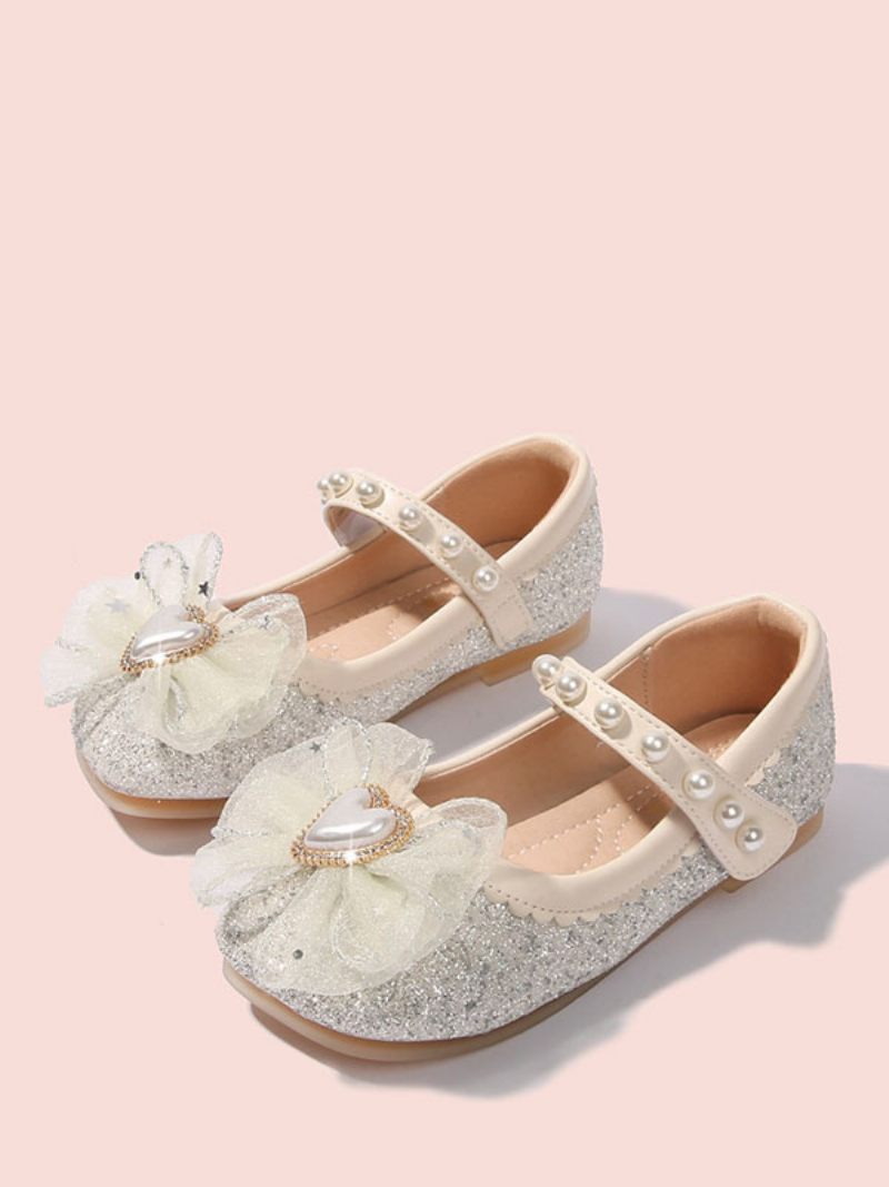 Chaussures Fille Fleur Fête Tissu À Paillettes Bleu Ciel Clair Avec Perles Pour Enfants - Argent