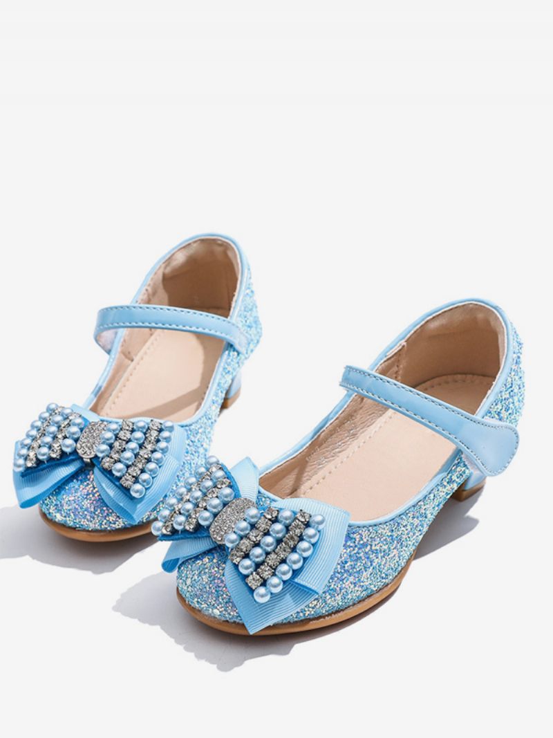 Chaussures Fille Fleur Fête Tissu À Paillettes Bleu Ciel Clair Avec Perles Pour Enfants