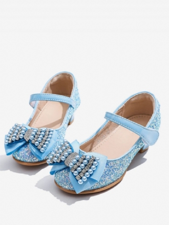 Chaussures Fille Fleur Fête Tissu À Paillettes Bleu Ciel Clair Avec Perles Pour Enfants