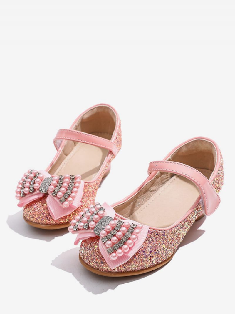 Chaussures Fille Fleur Fête Tissu À Paillettes Bleu Ciel Clair Avec Perles Pour Enfants - Rose