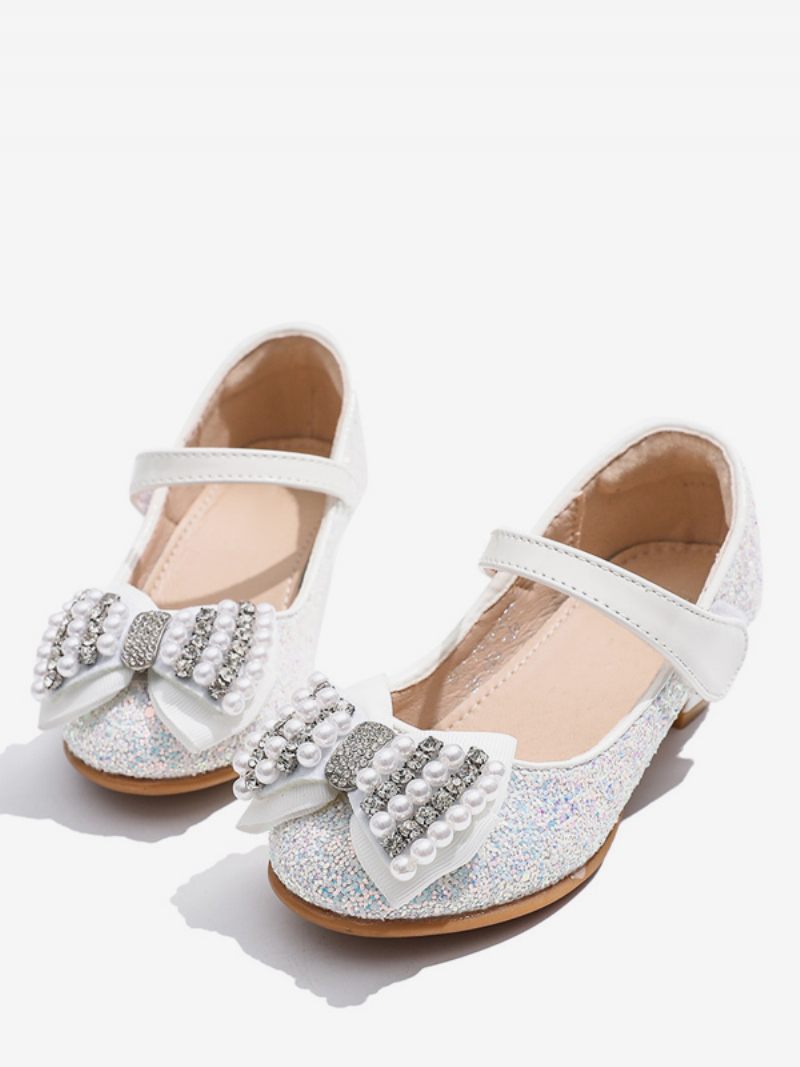 Chaussures Fille Fleur Fête Tissu À Paillettes Bleu Ciel Clair Avec Perles Pour Enfants - Blanc