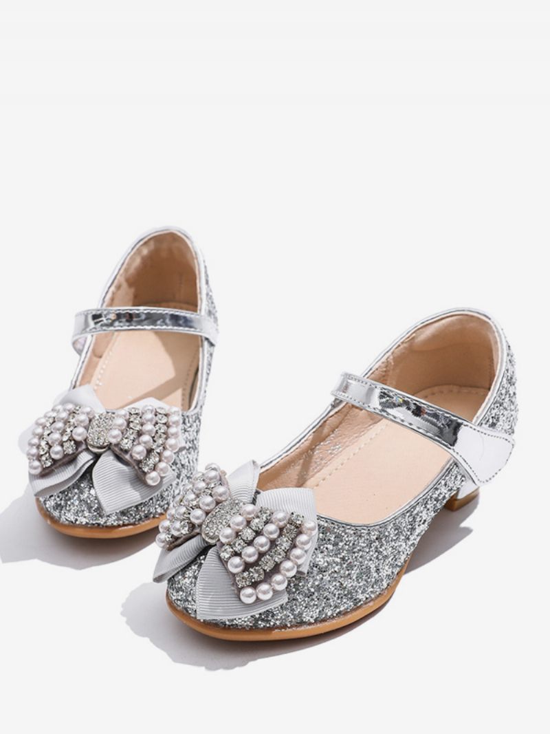 Chaussures Fille Fleur Fête Tissu À Paillettes Bleu Ciel Clair Avec Perles Pour Enfants - Argent