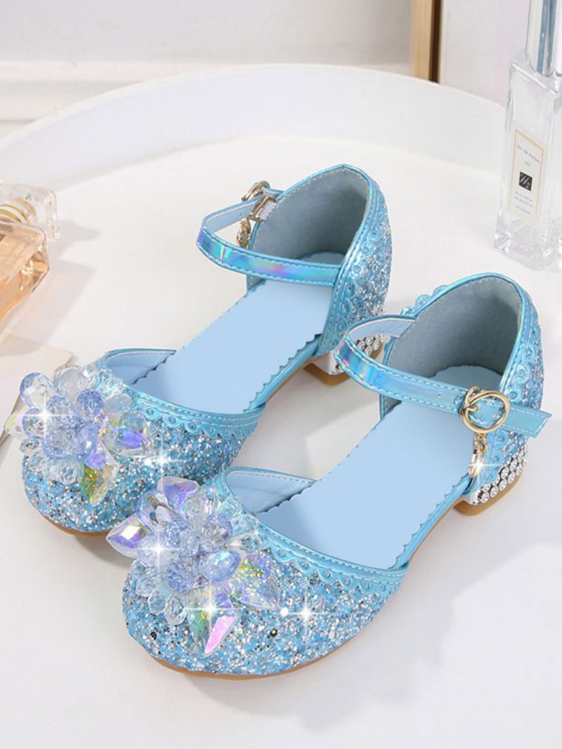 Chaussures Fille Fleur Fête Tissu À Paillettes Bleu Ciel Clair Strass Pour Enfants - Bleu Ciel Clair