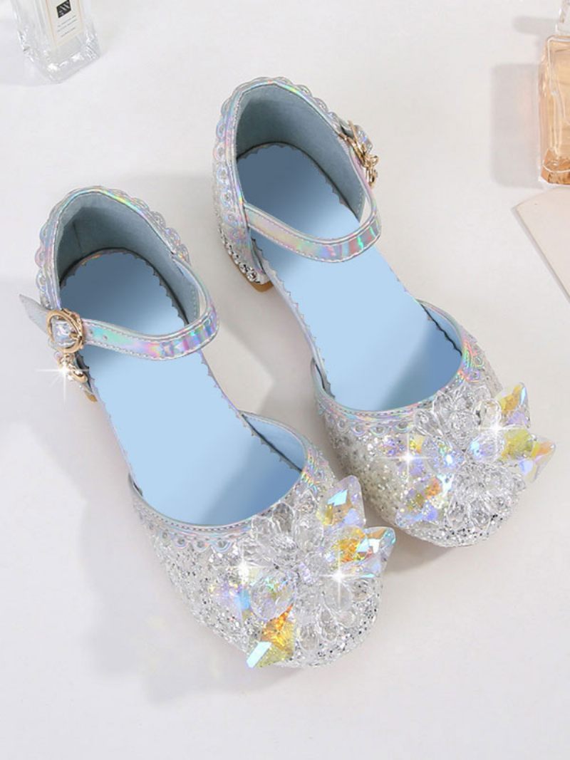 Chaussures Fille Fleur Fête Tissu À Paillettes Bleu Ciel Clair Strass Pour Enfants - Argent