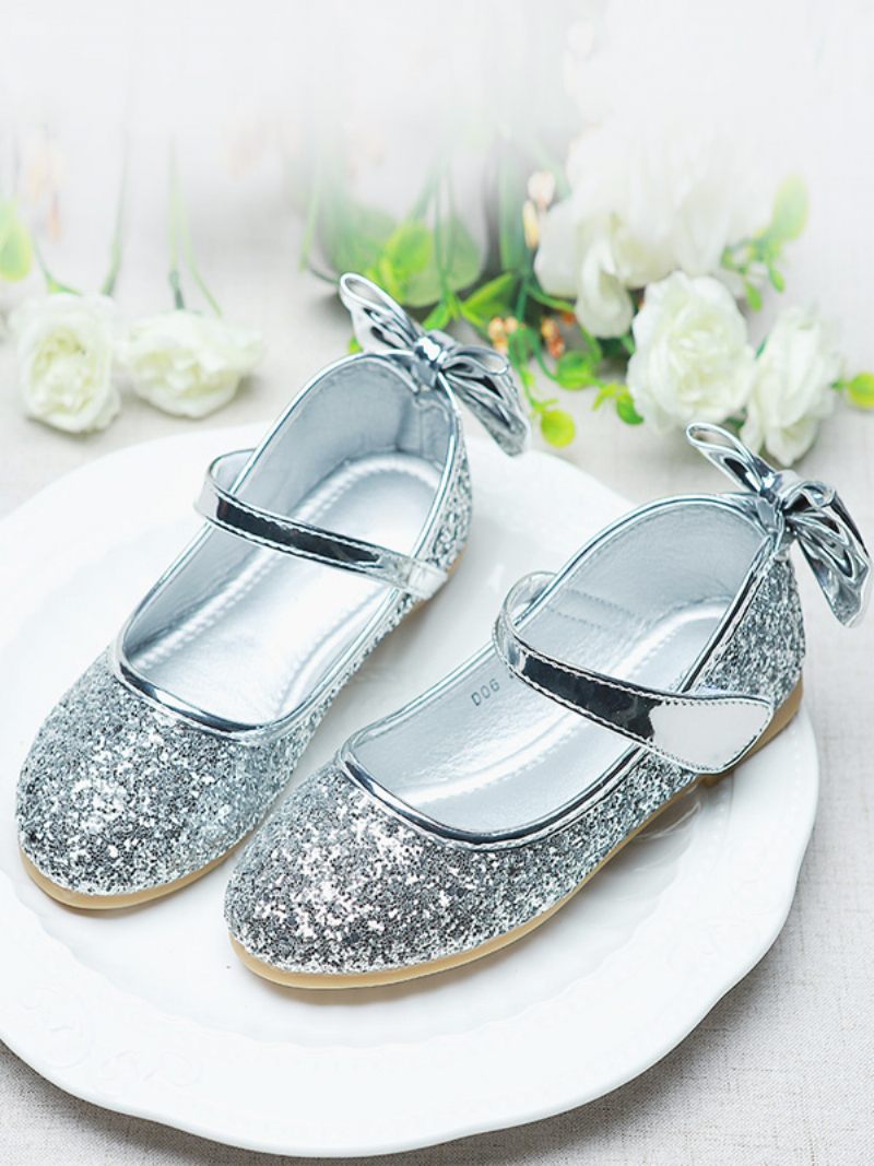 Chaussures Fille Fleur Fête Tissu À Paillettes Dorées Pour Enfants - Argent