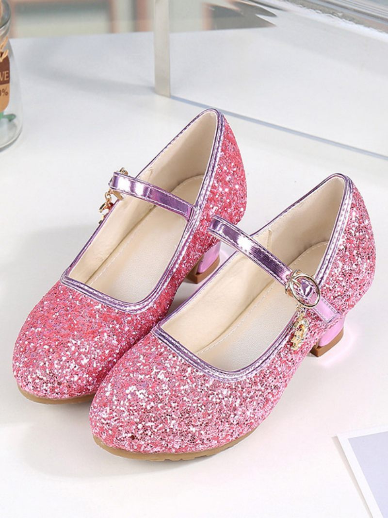 Chaussures Fille Fleur Fête Tissu À Paillettes Dorées Et Strass Pour Enfants - Rose