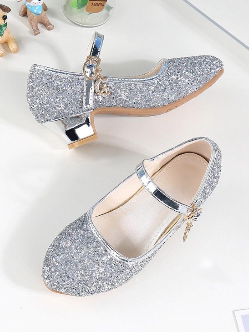 Chaussures Fille Fleur Fête Tissu À Paillettes Dorées Et Strass Pour Enfants - Argent