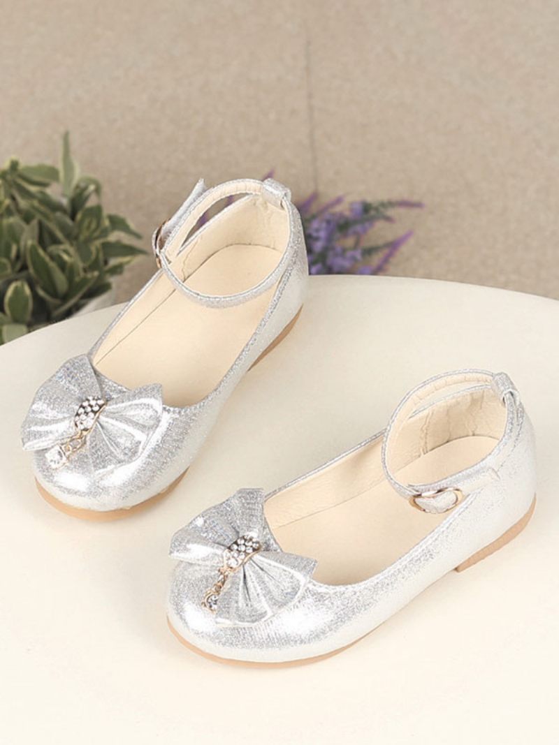 Chaussures Fille Fleur Fête Tissu À Paillettes Dorées Et Strass Pour Enfants - Argent