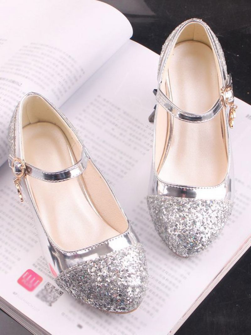 Chaussures Fille Fleur Fête Tissu À Paillettes Dorées Et Strass Pour Enfants - Argent